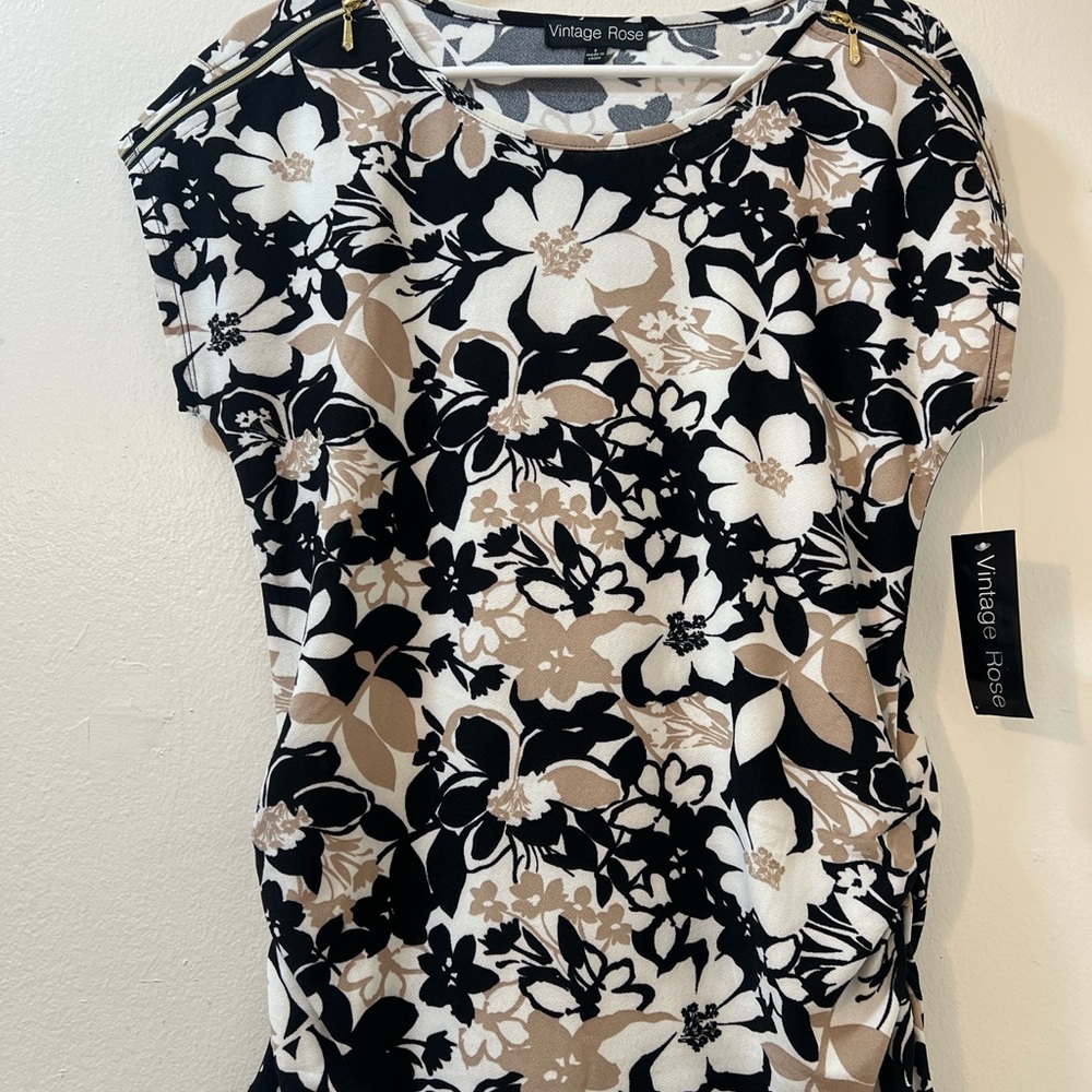 Vintage Rose Floral Short Sleeve Top - Black and Tan